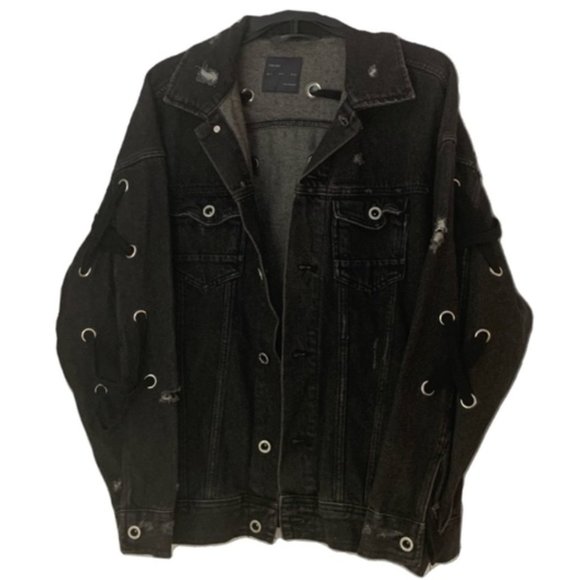 Zara Black Distressed Eyelet Lace-Up Denim Jacket - Picture 1 of 16